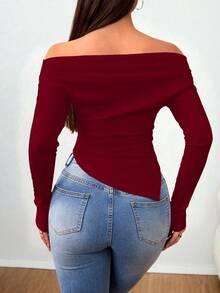 Zolique Off-Shoulder T-Shirt With Gathered Shoulders And Irregular Hem - Burgundy - View 2