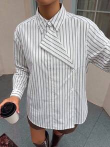 DAZY 女款休閒長袖條紋寬鬆層次感 2 合 1 領口襯衫，適合夏季與秋季 - 墨綠色 - 查看 6