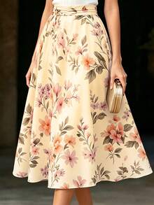 SHEIN French Fresh Floral Pleated Midi Skirt - Summer High Waist Slim A-Line Skirt - Multicolor - View 4