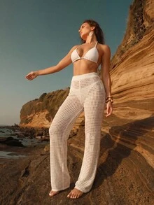 Swim Chiccia Women's Loose Fit Crochet Knit Wide Leg Pants, Hollow Design Casual Tropical Sexy Vacation Style Long Pants Beach Cover-Up White Summer - White - View 4