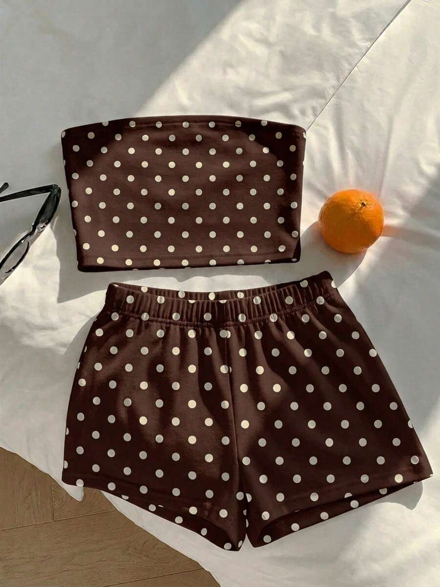 Comfortcana Conjunto de dos piezas de top bandeau y pantalones cortos con lunares marrones y blancos, estilo casual vintage para mujer, ideal para playa, vacaciones y verano - Marrón - Ver 1