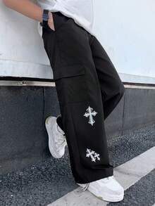 SHEIN Little Byeori 兒童青少年男孩休閒日常舒適工裝直筒寬鬆長褲，黑色工裝褲，新年款，6-7歲適用，適合外出、約會、上學，春夏秋冬四季穿著 - 彩色 - 查看 5