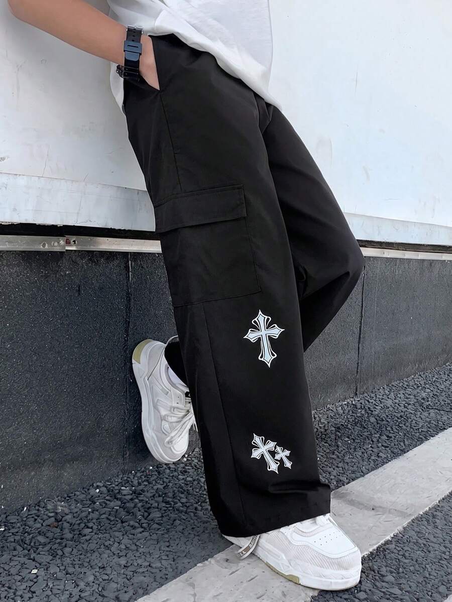 SHEIN Kids Tween Boy Casual Comfortable Cargo Straight Leg Loose Fit Pants Black Pants New Year Six Seven Suitable For Outings Spring Summer Fall Winter