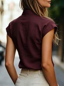 Trelyra Women's Solid Color Stand Collar Casual Versatile Daily Wear Top - Burgundy - View 2