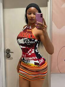 StreetHx Reggae Style Graffiti Print, Halter Neck Backless, Fitted Bodycon Mini Dress - Multicolor - View 3