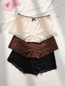 PetitDoll 3 Buah Celana Dalam Wanita Ukuran Besar Kasual dengan Pinggang Berkerut dan Hiasan Renda, Model Boyshort Bergaris - MultiWarna - View 2