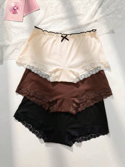 PetitDoll 3条装加大码女士休闲荷叶边腰带蕾丝饰边罗纹平角内裤