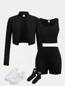 SHEIN 女童純色圓領內搭長袖上衣與短褲休閒日常運動套裝 - 黑色 - 查看 3