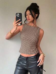 Aloruh 女款格紋休閒百搭日常穿著襯衫 - 棕色 - 查看 5
