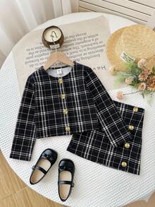 SHEIN Firerie Kids 少女都市時尚長袖夾克與緊身裙套裝 - 黑色 - 查看 3