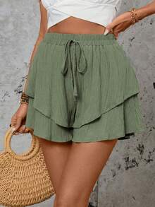 LUMIGAL Women's Vacation Textured Ruffle Hem Tie Shorts - Green - View 4