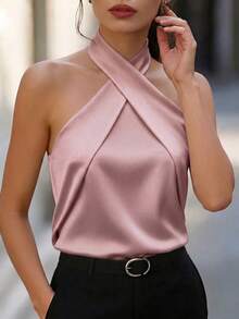 SHEIN Clasi Elegant Contrast Color Women's Blouse For Commuting And Dating, Summer Spring/Summer, Comfortable Fabric - Pink - View 3