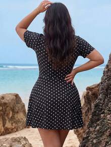 Swim Mulvari Plus Size Polka Dot Print Conservative Beach Burkini - Black and White - View 2