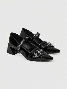 ROMWE Grunge Punk Elegant Pointed Toe Chunky Heel Lacquer Leather Pumps For Christmas Y2K 2000s Style - Love Black - View 4
