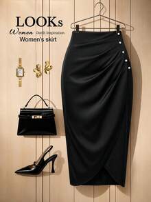 SHEIN Clasi Plus Size Criss-Cross Wrap Pleated Side Slit Long Skirt With Beaded Decor, Elegant For Outings, Dates, Parties, Vacations And Daily Commute Fall - Black - View 7
