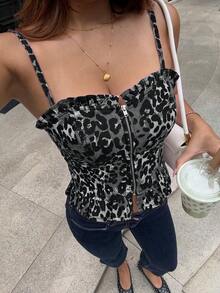 Rivivi 休閒性感女款豹紋百褶牛仔細肩帶背心上衣，灰色豹紋，適合夜店派對夏季穿著 - 黑色 - 查看 4