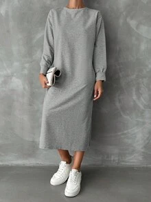 SHEIN Cottnline Solid Split Hem Sweatshirt Dress - Grey - View 5