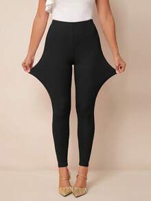 SHEIN PETITE CURVE 女款純色彈性腰休閒內搭褲 - 黑色 - 查看 3