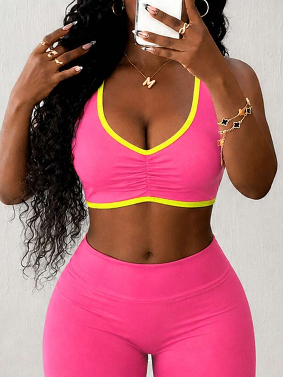 SHEIN Core Rhythm Sports Bra, High Stretch Knit Ruched Top With Removable Pads & Contrast Trim For Yoga Gym - Hot Pink - View 1