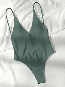 Swim Basics Women's Solid Color V-Neck Spaghetti Strap Backless One-Piece Swimsuit, Summer Beach Vacation - Green - View 3