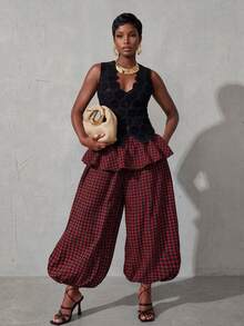 BamGlimmer 女款時尚通勤格紋荷葉邊燈籠褲 - 紅色 - 查看 4