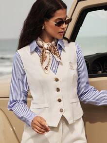 Nima Coro Áo vest không tay cổ V xẻ trước thêu họa tiết, vải linen lyocell màu trắng ngà, phong cách thanh lịch preppy cổ điển tối giản, dành cho nữ công sở, đi làm, đi chơi, du lịch và mặc hàng ngày - Màu be - Xem 5