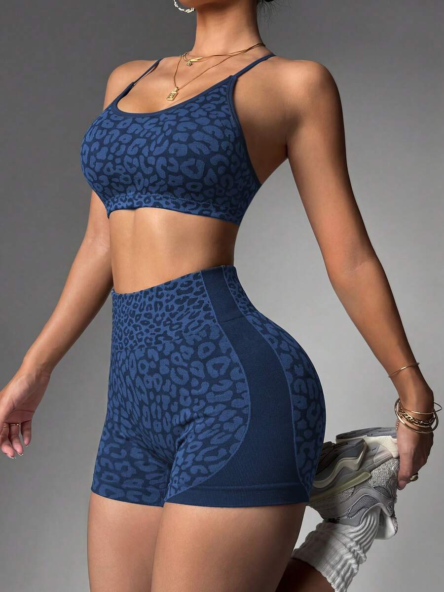 Easithlete Easithlete 1pc Women's Cross-Knot Spaghetti Strap Leopard Print Bra & Shorts Workout Yoga Sports Set - Navy Blue - View 1