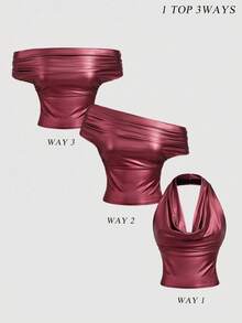SHEIN MOD 女款優雅純色百搭掛脖上衣，夏季 - 酒紅色 - 查看 1