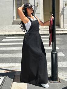 StreetHx Plus Size Women's Cross Pattern Casual Daily Wear Denim Overall Dress - Black - View 5