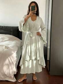 Livesso 2件組女款長版開襟衫與洋裝睡衣套裝，荷葉邊飾，春夏睡衣套裝 - 綠色 - 查看 5