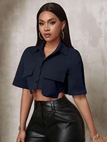 BamGleam Women's Solid Color Single-Breasted Cropped Short Sleeve Shirt With Two Pockets - Navy Blue - View 4