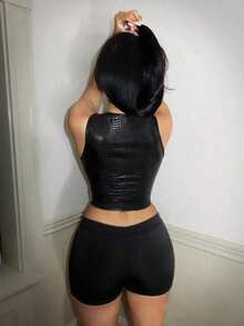 BamGleam Women's Sexy PU Cutout Zipper Tank Top Club Night Black Summer - Multicolor - View 3