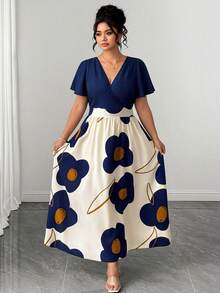 Elenzga Plus Size Women's Spring/Summer Abstract Floral Print & Solid Color V-Neck Short Flutter Sleeve Top & Long Dress Set, Fashion Casual Elegant - Blue - View 4