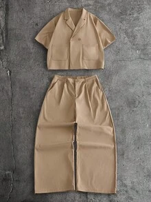 AXEPEAK Men's Solid Color Double Button Pocket Short Sleeve Shirt And Pants Set - Camel - View 12