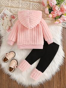 SHEIN Souflis 2pcs/Set Baby GirlPink Fleece Lined Thick Hooded Bear Embroidery Long Sleeve Leggings Pants Cute Casual Fashion Korean Style Warm Plush Outfit, Suitable For Winter Daily Outings Or Indoor Occasions Versatile Wear - Multicolor - View 3