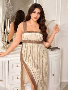MuseNap CURVE Camisola Elegante Plus Size com Estampa Listrada de Diamante Dourado em Veludo e Renda Contrastante - Multicolorido - Visão 4
