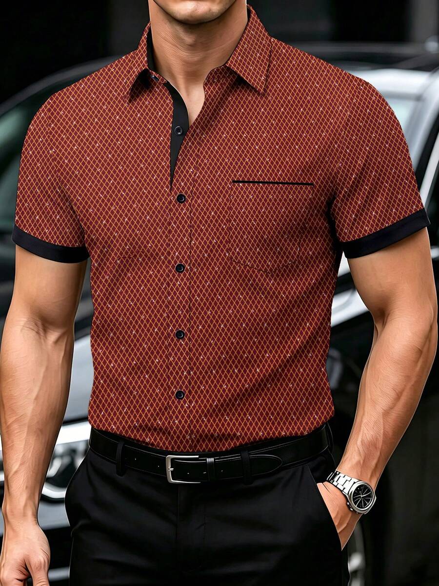 Manfinity Mode Kemeja Formal Lengan Pendek Motif Kotak-kotak dengan Trim Kontras untuk Pria, Kasual, Bisnis, Liburan, dan Perjalanan Sehari-hari, Musim Panas, Upacara - Burnt Orange - View 1