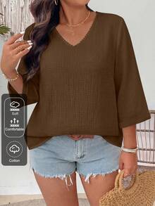 EMERY ROSE Plus Size Versatile Cotton Linen Textured V-Neck Floral Blouse Fall - Rust Brown - View 1