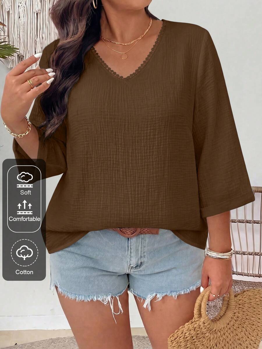EMERY ROSE Plus Size Versatile Cotton Linen Textured V-Neck Floral Blouse Fall - Rust Brown - View 1