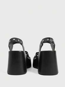 Sugerpunk Women's Rivet Trim Black Platform Sandals PU Punk Style Word With Open-Toed Sandals, Women's Shoes - Black - View 8