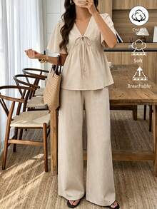 Flora Isola Flora Isola Women's Spring/Autumn Casual Vacation V-Neck Tie-Front Ruffle Sleeve Straight Leg Pants, Suitable For Daily Wear And Vacation - Apricot - View 6