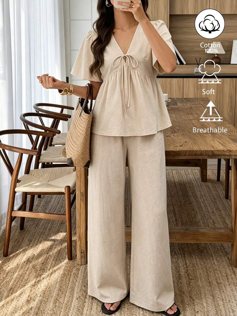Elouméa Women's Summer Casual Vacation V-Neck Tie-Front Ruffle Sleeve Straight Leg Pants, Suitable For Daily Wear Beige - Apricot - View 1