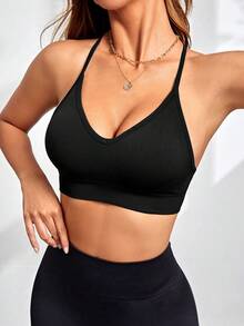 SHEIN Dewbera Seamless Black Bra With Removable Cups And Criss-Cross Back Design - Black - View 1
