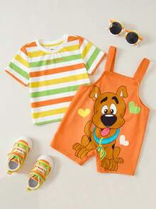 SCOOBY-DOO X SHEIN 男宝宝彩色条纹可爱休闲短袖T恤和卡通图案橙色俏皮围兜背带裤两件套 - 彩色 - 查看 1