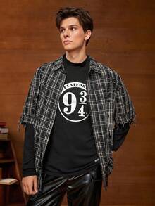 HARRY POTTER X SHEIN Men's Casual Slim Fit Knit "9 3/4" Classic Platform Print Turtleneck Long Sleeve T-Shirt Set (2 Colors) - Black - View 1