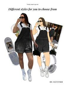 Dripcurv Plus Size Women's Pocket Casual Everyday Denim Romper - Black - View 9