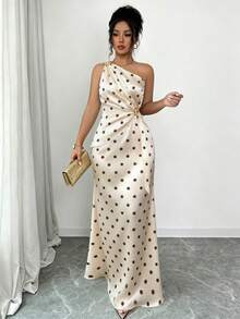 Elenzga Women's Spring/Summer New Fashion Elegant Satin Asymmetrical Shoulder Metal Flower Decor Waist-Cinching Slimming Bodycon Fishtail Long Dress - Multicolor - View 3