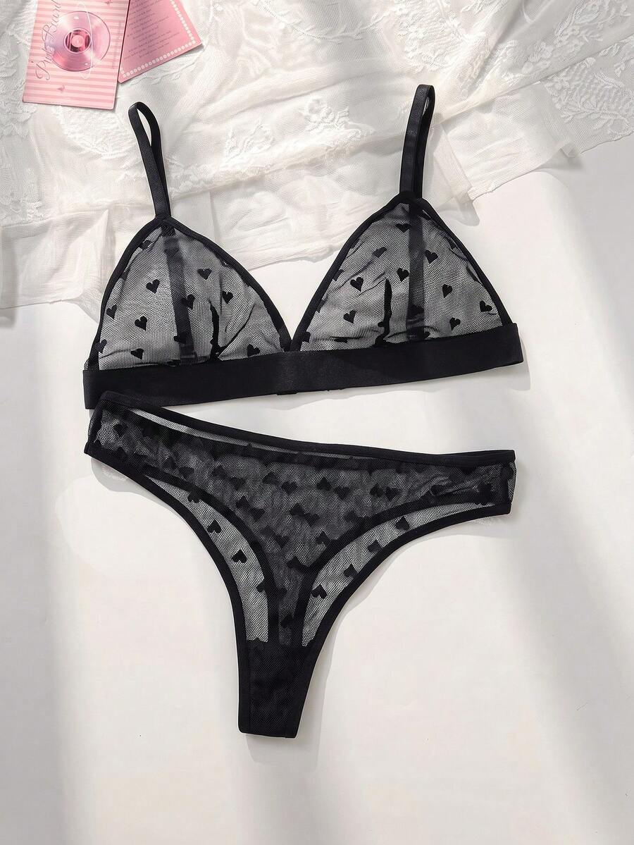 PetitDoll Valentine's Day Sexy Sheer Heart Jacquard Mesh Wireless 2Pcs Lingerie Set - Black - View 1