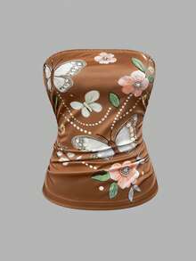 SHEIN Clasi 夏季溫柔優雅性感鄉村風仙女蝴蝶花卉印花抹胸上衣 法式復古修身無袖外套 女款度假穿搭 - 棕色 - 查看 3