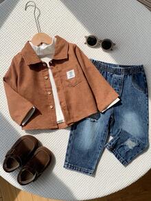 SHEIN 3 pezzi/Set Outfit casual autunno/inverno per neonato maschio, include maglietta interna, camicia bianca a collo medio e jeans in denim, set camicia, set giacca, set denim, outfit autunno/inverno per neonato - Multicolore - Visualizzare 8